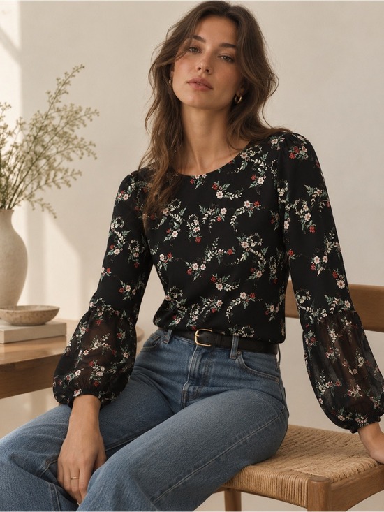 Tops - LC Lauren Conrad Black Floral Sequin Apple Peasant Blouse Large